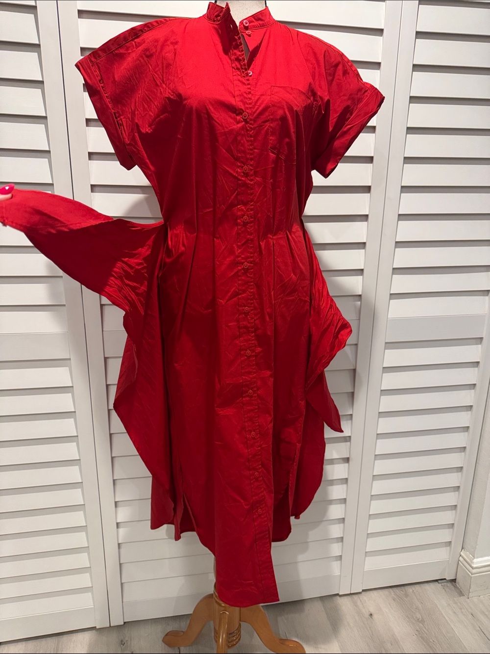 Lauren Ralph Lauren NWT Banded Collar Red Tie-Waist Button Midi Dress - Picture 7 of 14